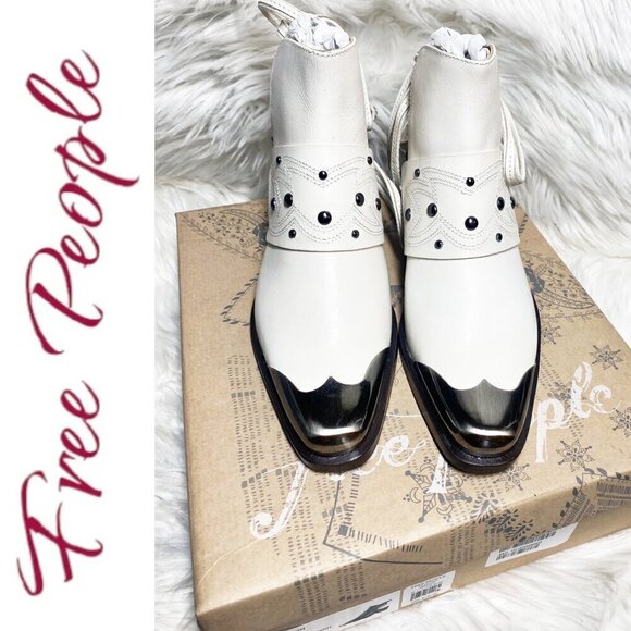 NIB FREE PEOPLE RORY STUDDED COASTAL COWGIRL WESTERN URBAN BOOTIE WHITE, 37.5 - Picture 3 of 14